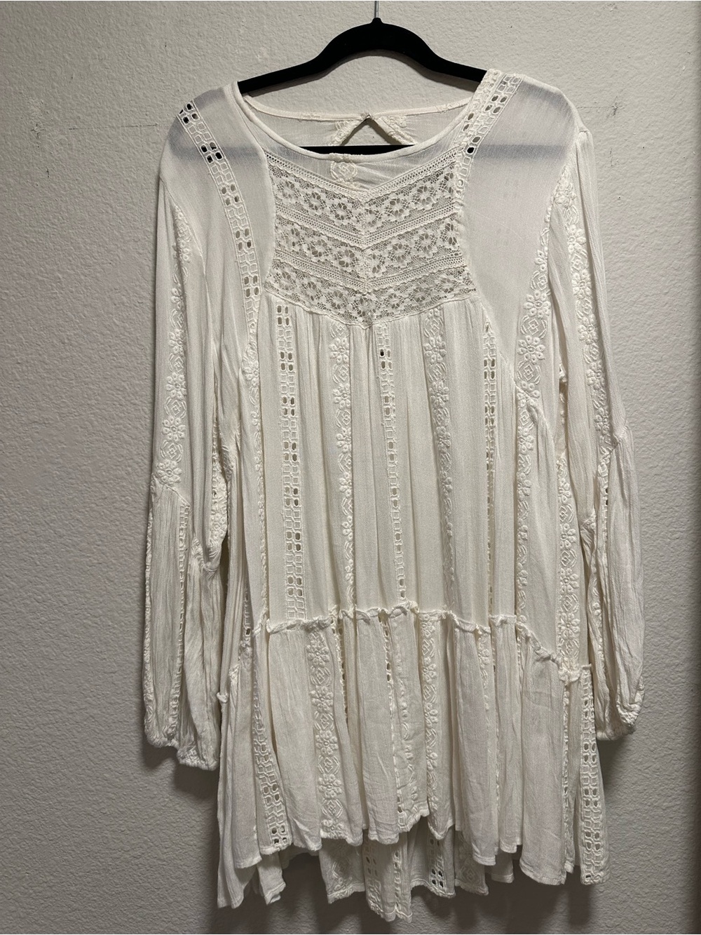 Free People White Lace Embroidered Boho Mini Dress Long Sleeve